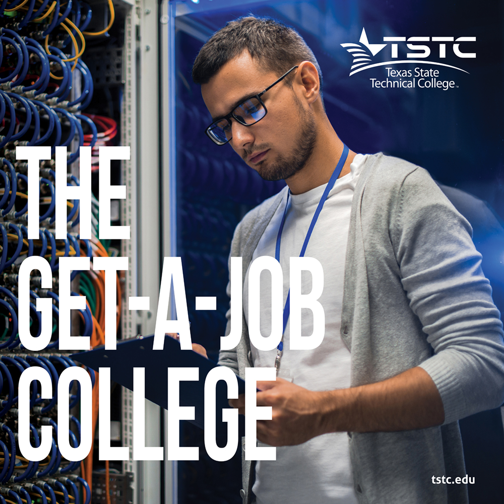 image of male in a computer server room with text the get a job college