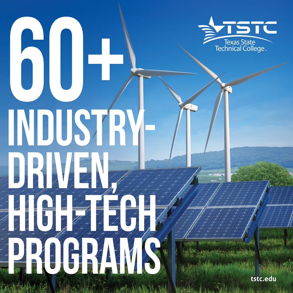 image of wind and solar farm with text 60 plus industry driven high tech programs