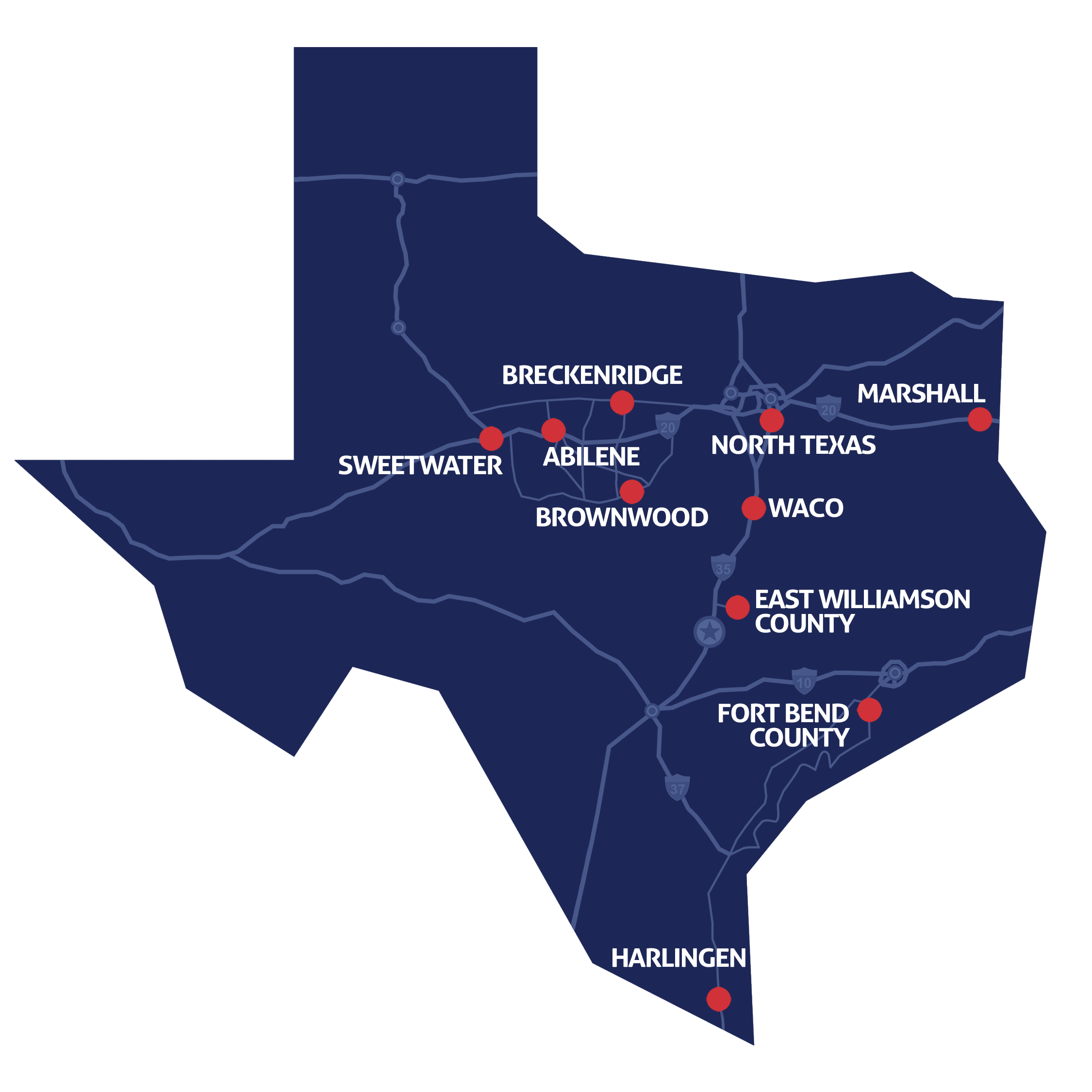 Shape of Texas with all 10 TSTC locations