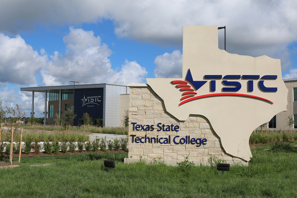 TSTC monument sign in the shape of Texas with logo in the middle