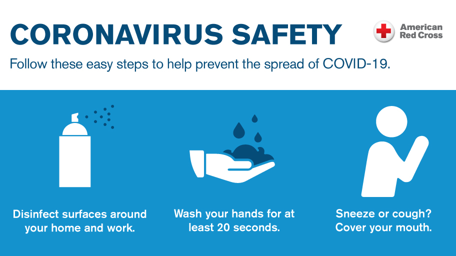 Instruction for coronavirs preventions. Clean your areas. Wash your hands for 20 seconds. Sneeze or cough into your elbow.